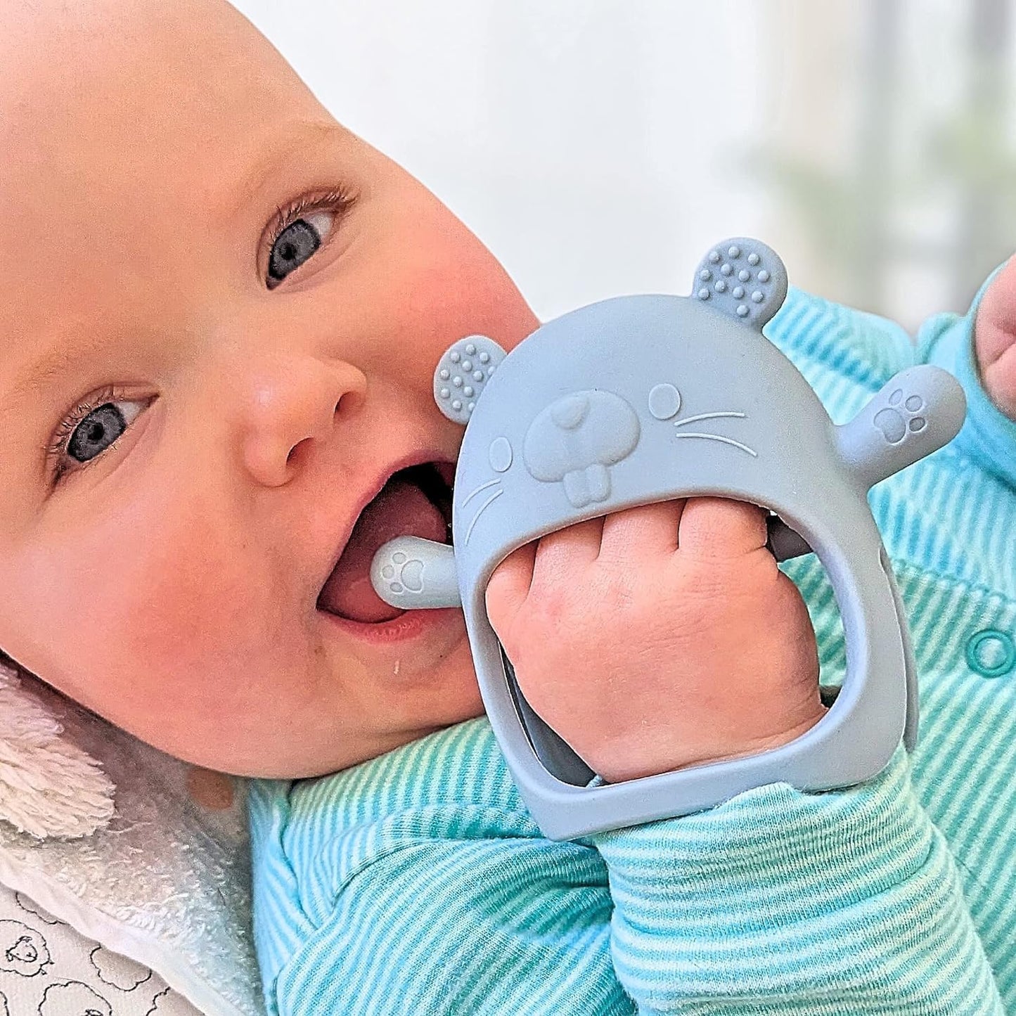 Chipmunk Teething Mitten for Babies - 100% BPA Free Silicone Teether Glove in CM Blue - Prevents Finger Sucking and Soothes Tender Gums