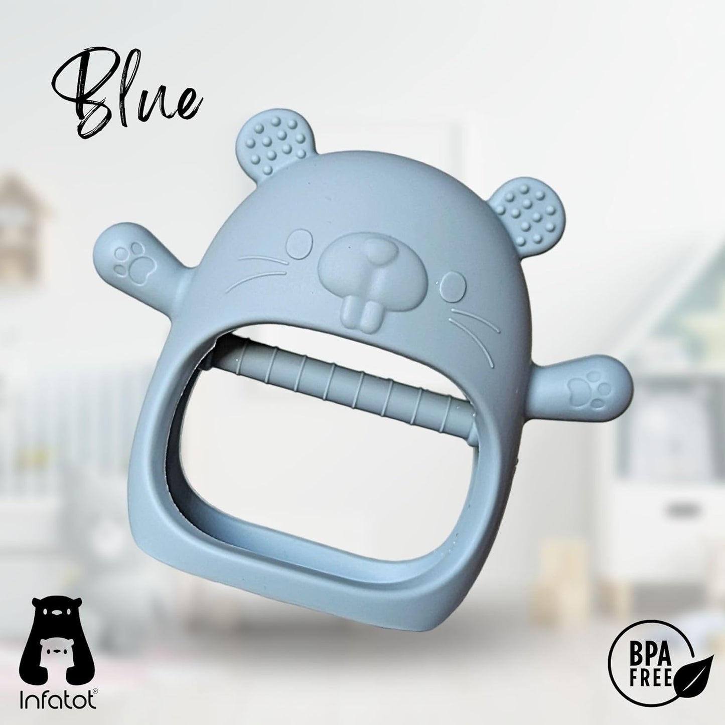 Chipmunk Teething Mitten for Babies - 100% BPA Free Silicone Teether Glove in CM Blue - Prevents Finger Sucking and Soothes Tender Gums