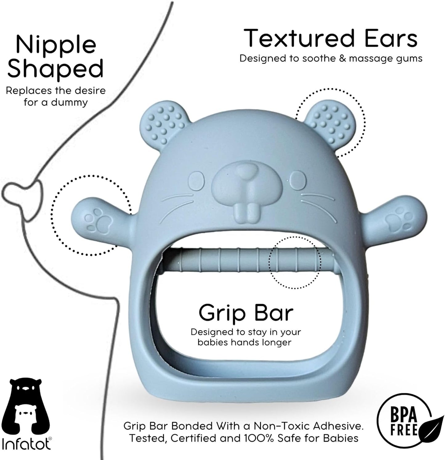Chipmunk Teething Mitten for Babies - 100% BPA Free Silicone Teether Glove in CM Blue - Prevents Finger Sucking and Soothes Tender Gums