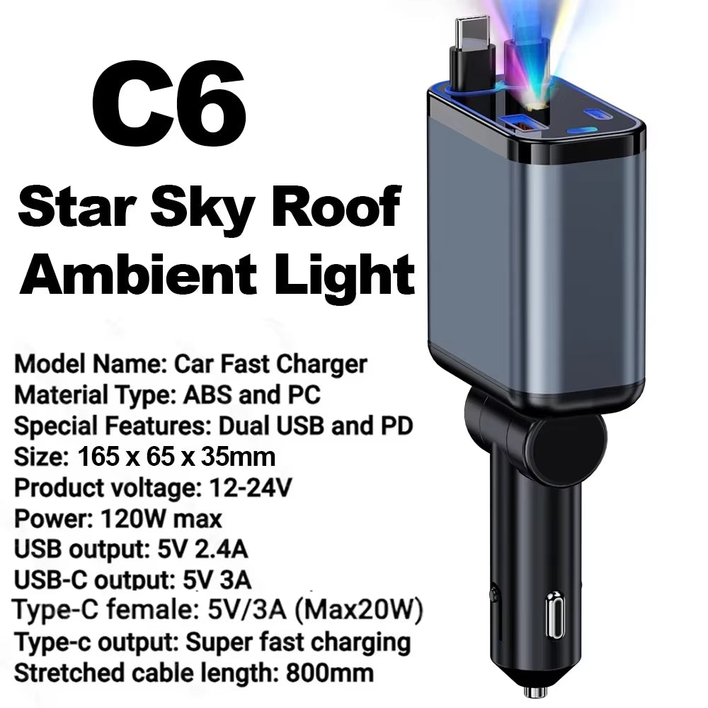 Retractable High-Speed Car Charger for Apple Devices with Dual USB Ports and Digital Display